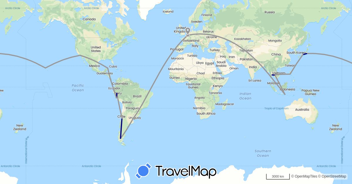 TravelMap itinerary: driving, plane in Argentina, Belgium, Chile, Costa Rica, Indonesia, Japan, Cambodia, Mexico, Peru, Philippines, Thailand, United States (Asia, Europe, North America, South America)